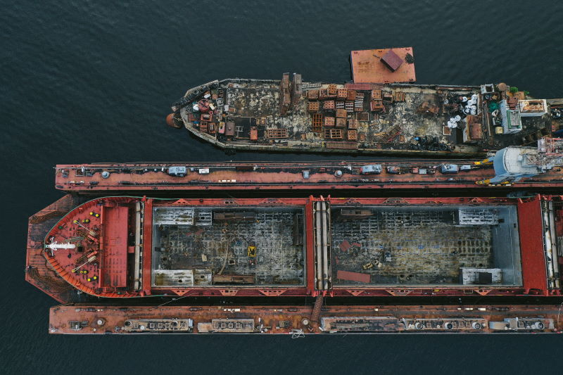 Bird's-eye view. Aerial view of a cargo ship
